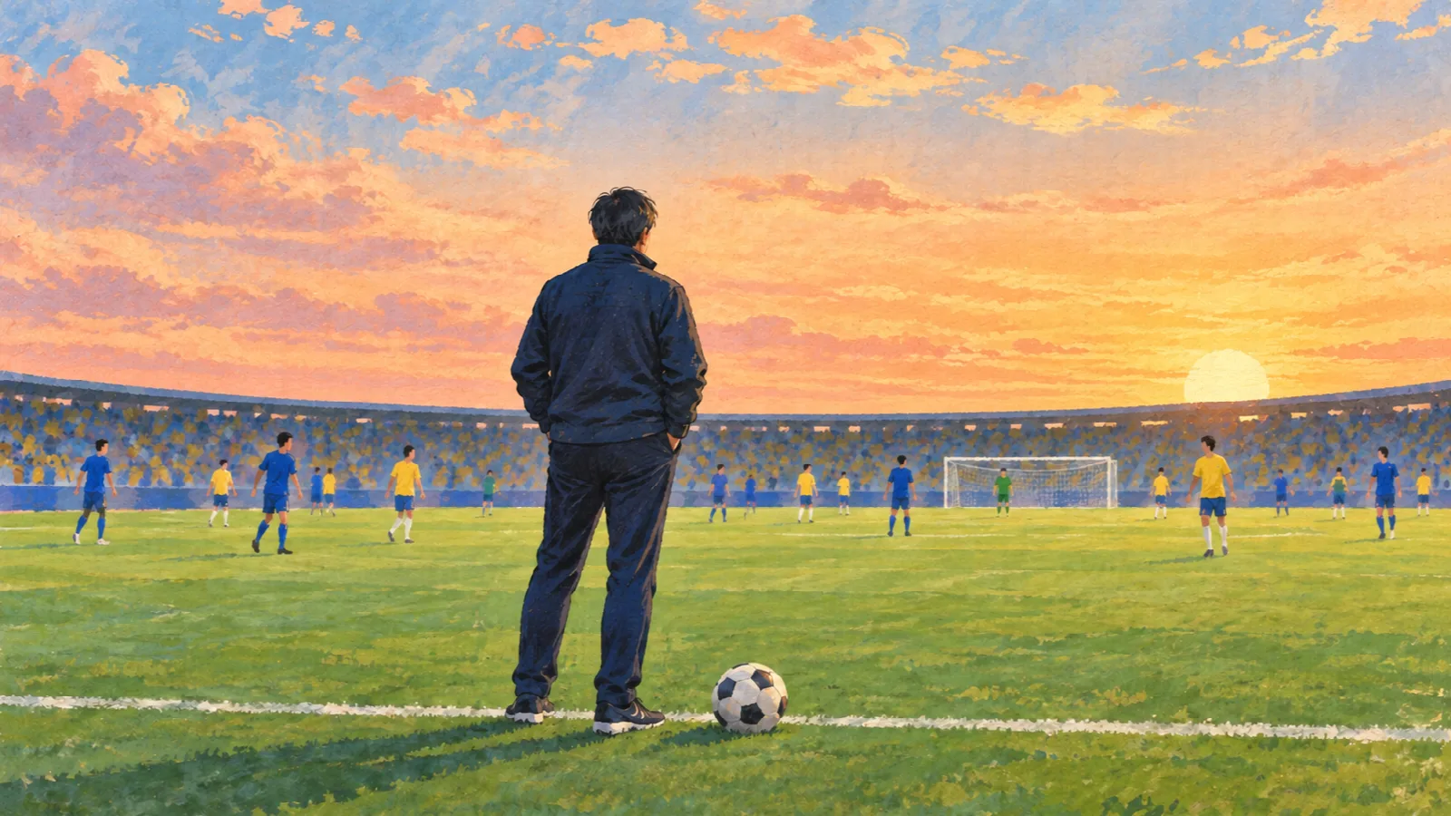 夕空のスタジアムで、後ろ姿の指導者が青と黄色のユニフォームの選手たちを見つめるイラスト。