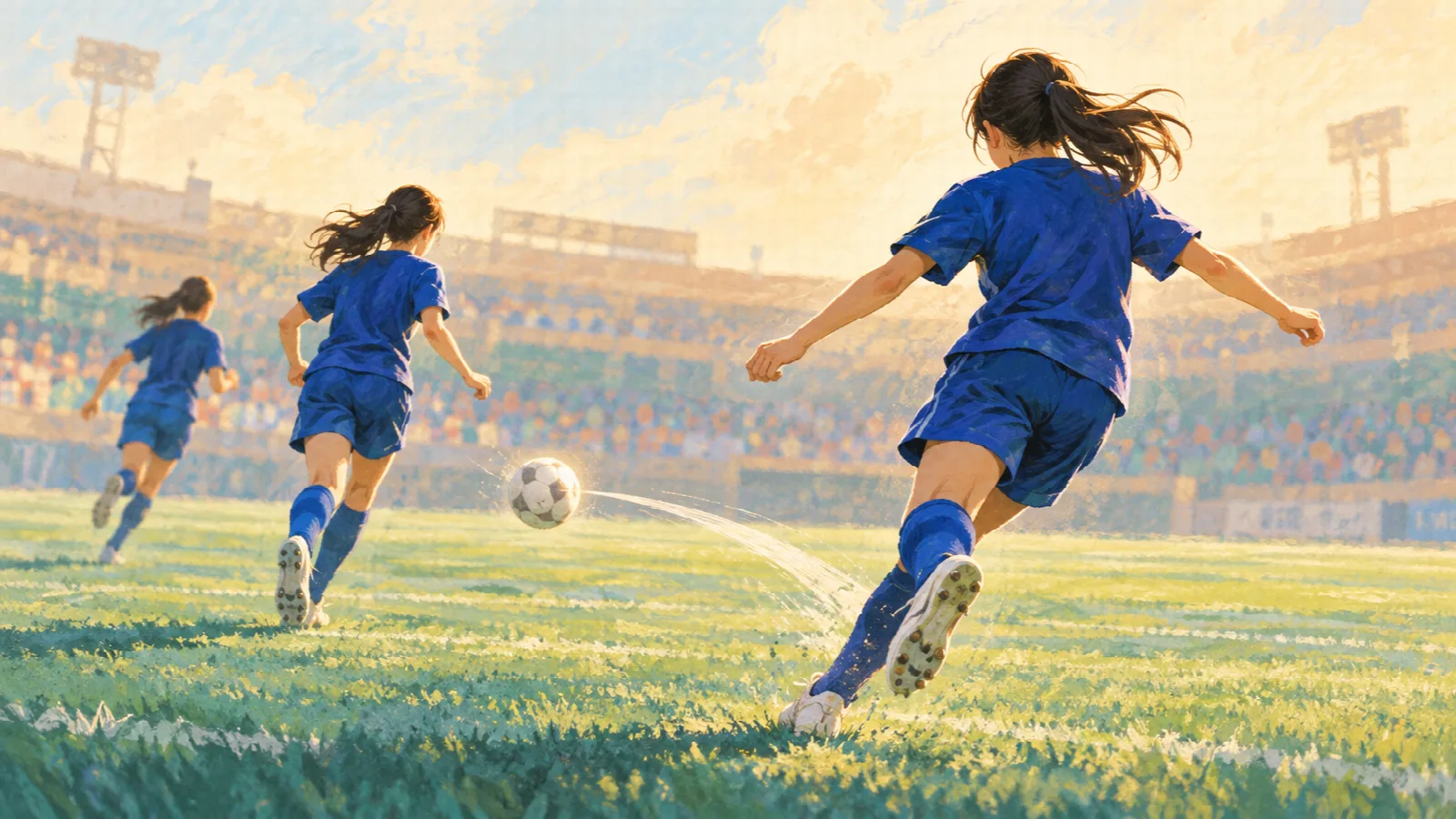 青いユニフォームの選手たちがパスをつなぐ姿を、後ろから描いた温かなイラスト。