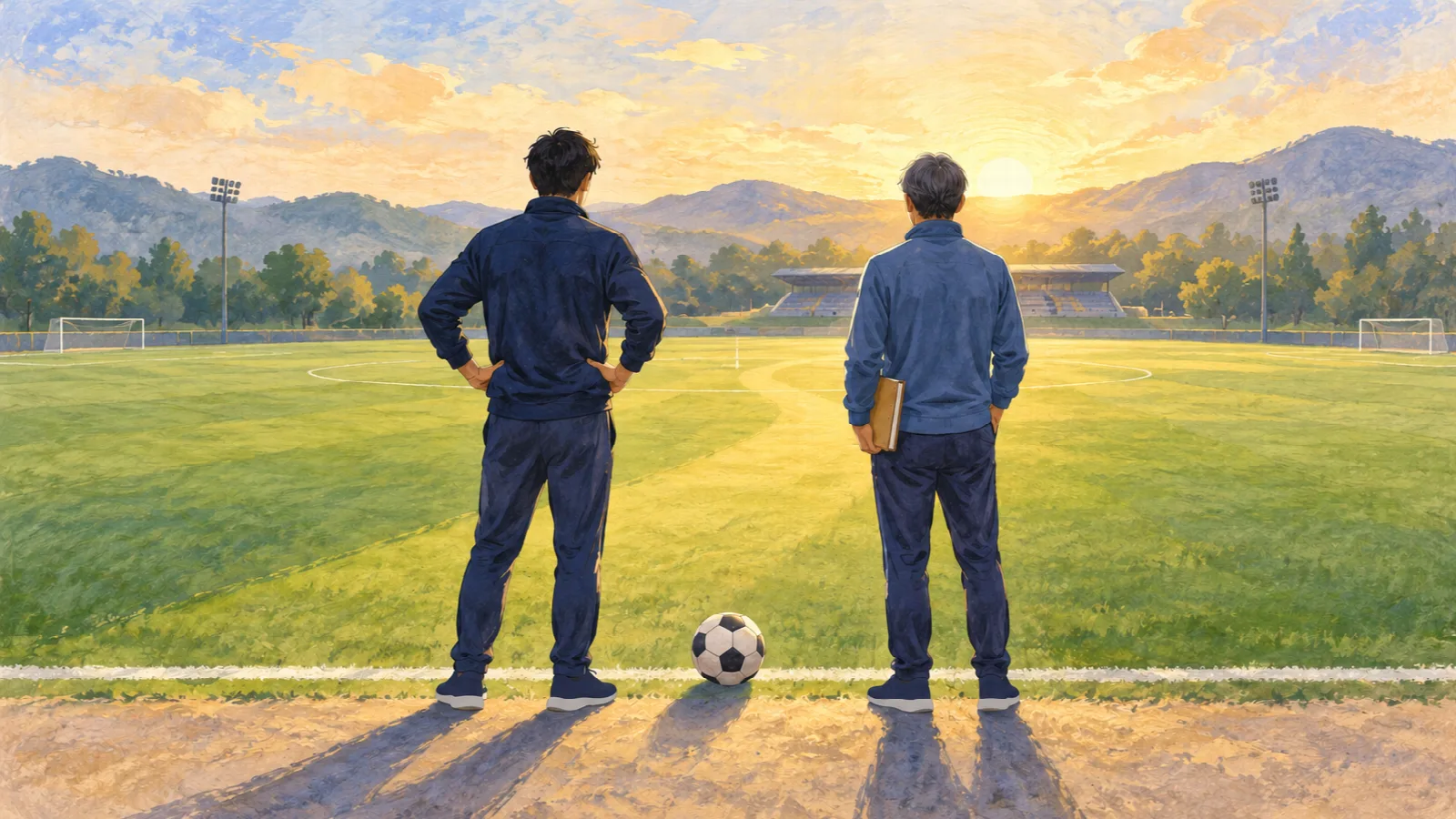 朝日に照らされたサッカー場を、二人の指導者がボールのそばに並んで見つめる後ろ姿のイラスト。