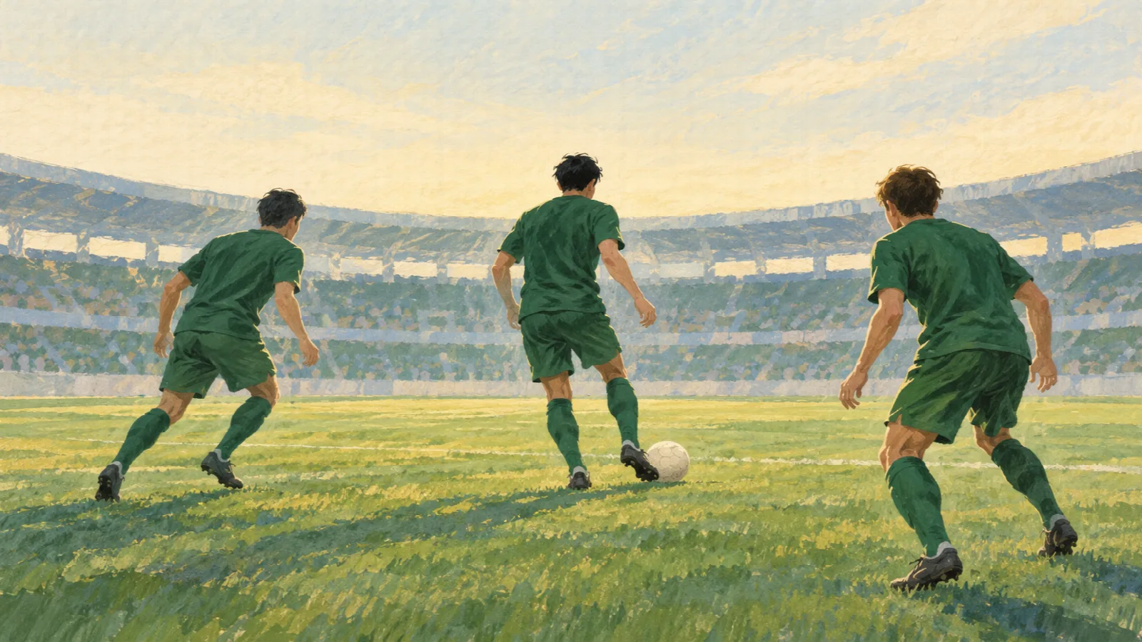 緑のユニフォーム姿の選手がボールを受け、二人の味方が支えに近づく様子を後ろから描いたイラスト。