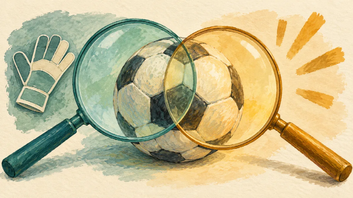 一つのサッカーボールに青緑と琥珀色の二つのレンズが重なり、脇にGKのグローブが置かれた概念イラスト。