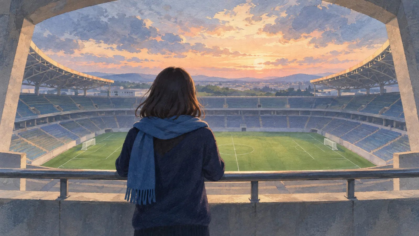青いマフラーをかけた観客が、夕暮れの静かなスタジアムを後ろ姿で見つめるイラスト。