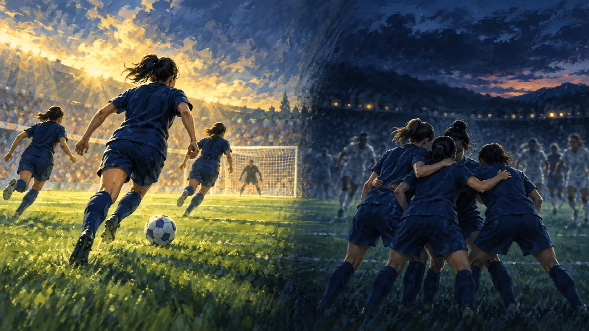 希望のある攻撃場面と圧力を受ける守備場面を対比した女子サッカーの挿絵