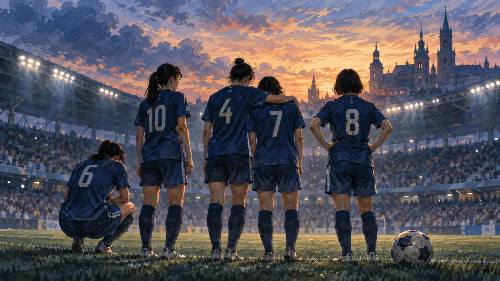試合後のピッチで肩を寄せるヤングなでしこを描いたイラスト