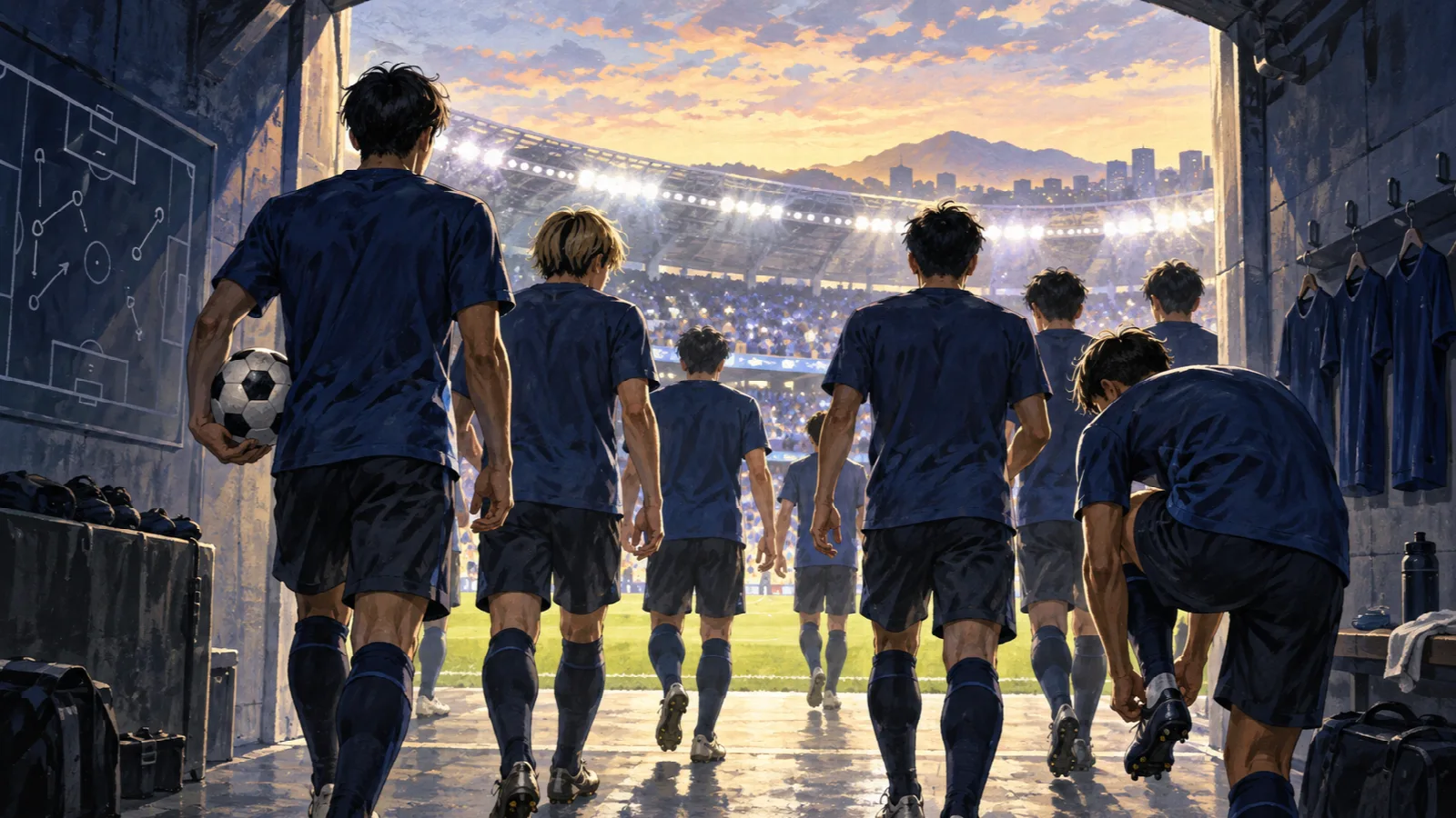 新しい日本代表の活動へ向けてスタジアムのピッチへ進む選手たちのイラスト