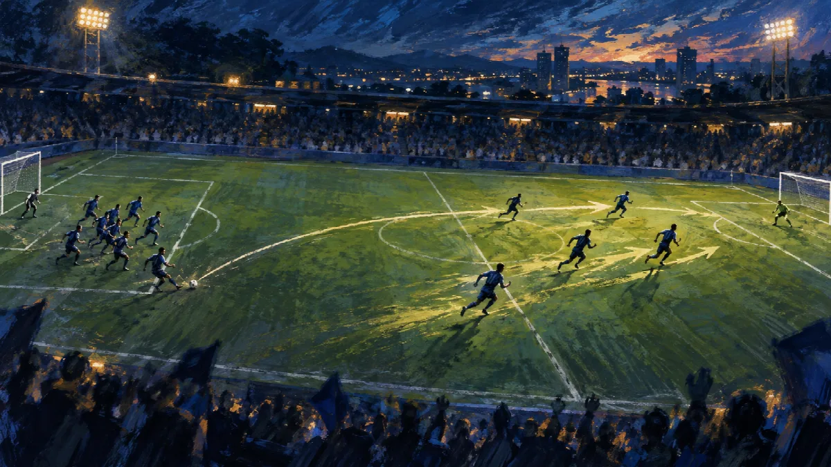 守備側から複数の選手が前方のスペースへ走り出すサッカーの挿絵