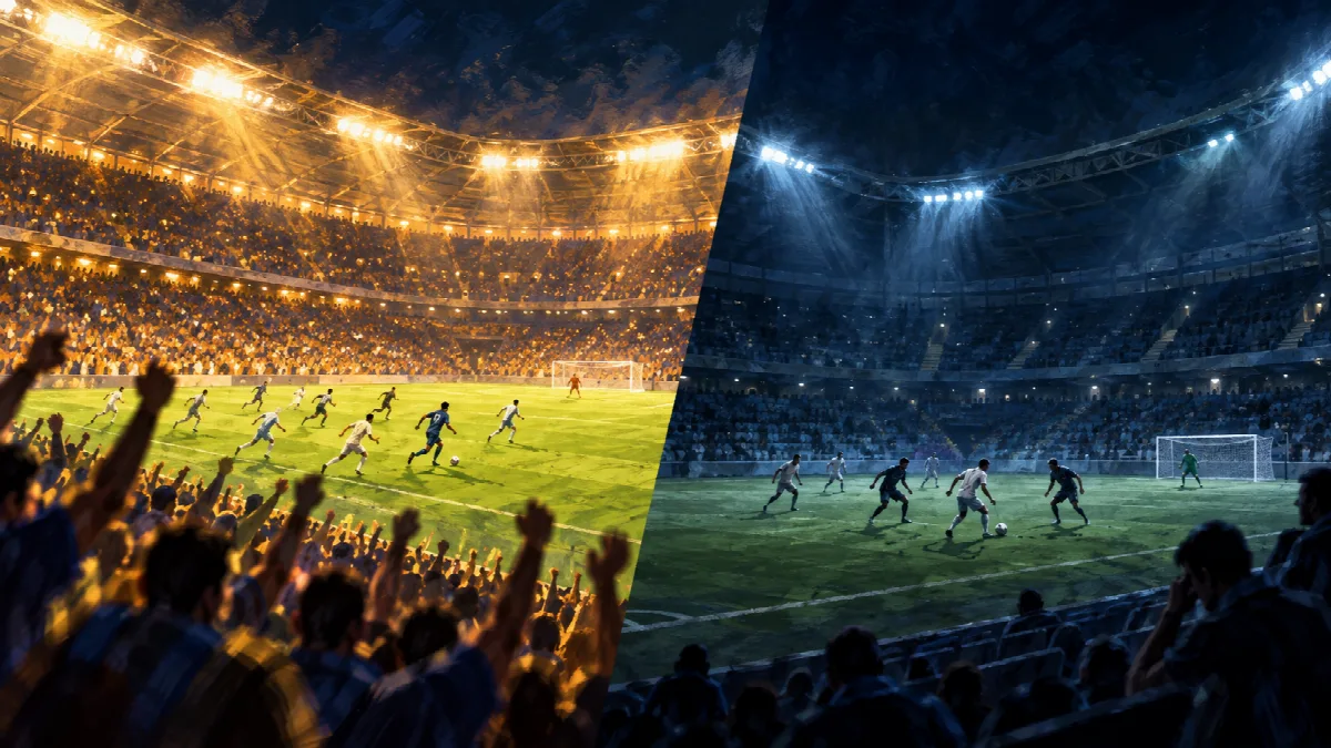 明るいホームのスタンドと緊張感のある敵地のピッチを対比したサッカーの挿絵