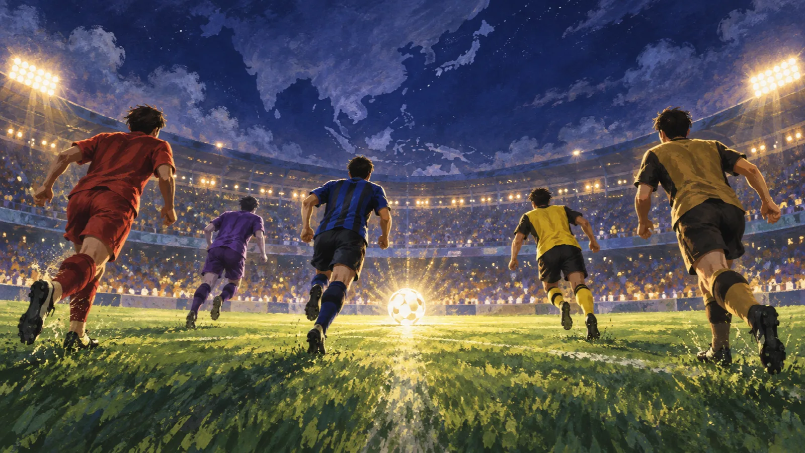 夜のアジアのスタジアムで、中央のボールへ走る5人のサッカー選手を描いたイラスト