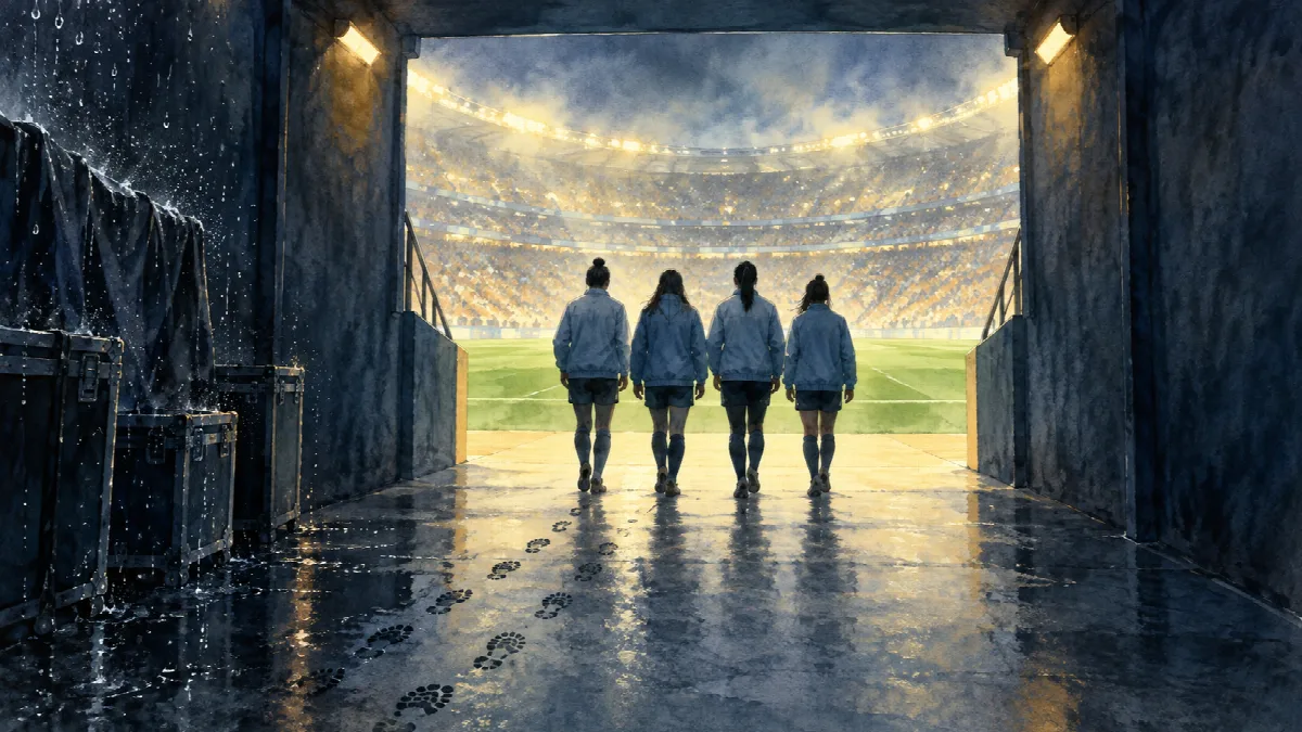 雨の残るトンネルから明るい欧州のスタジアムへ歩く4人の女子選手の後ろ姿