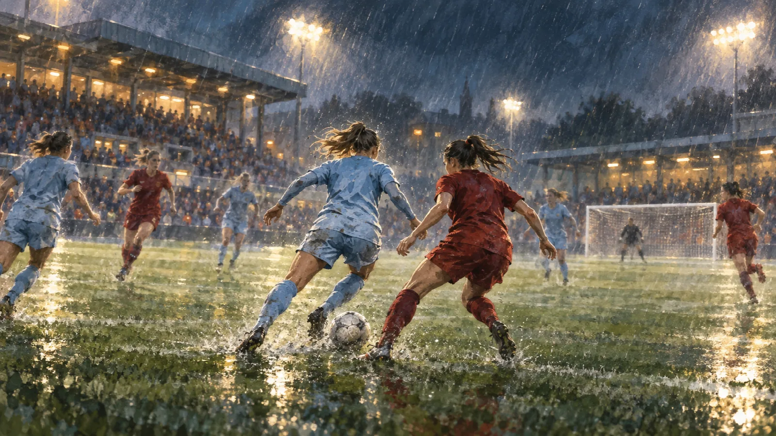 雨の夜のピッチ中央でボールを競り合う、水色と深紅のユニフォーム姿の女子選手を描いたイラスト