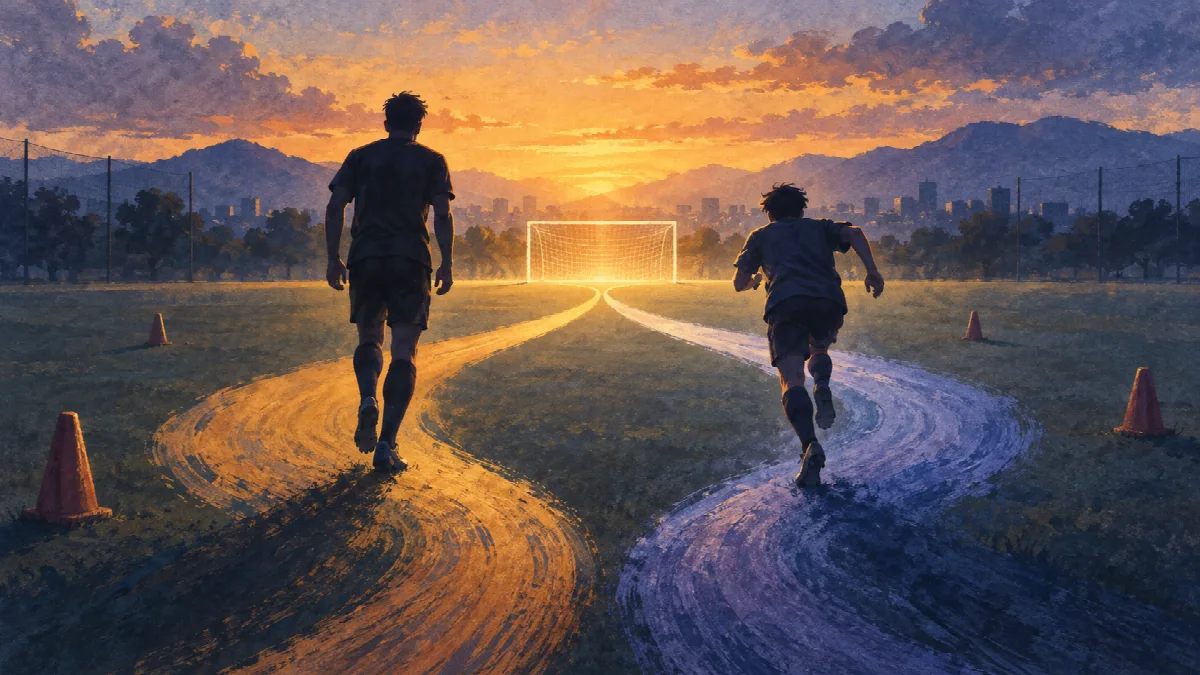 異なる道を進む2人の選手が、夕暮れの練習場で同じゴールへ向かうイラスト