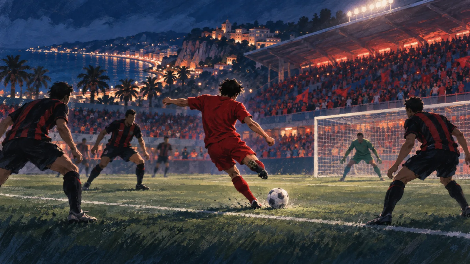 夜のスタジアムで、赤いユニホームの選手がゴールへ向けてシュートを放つ瞬間を描いたイラスト