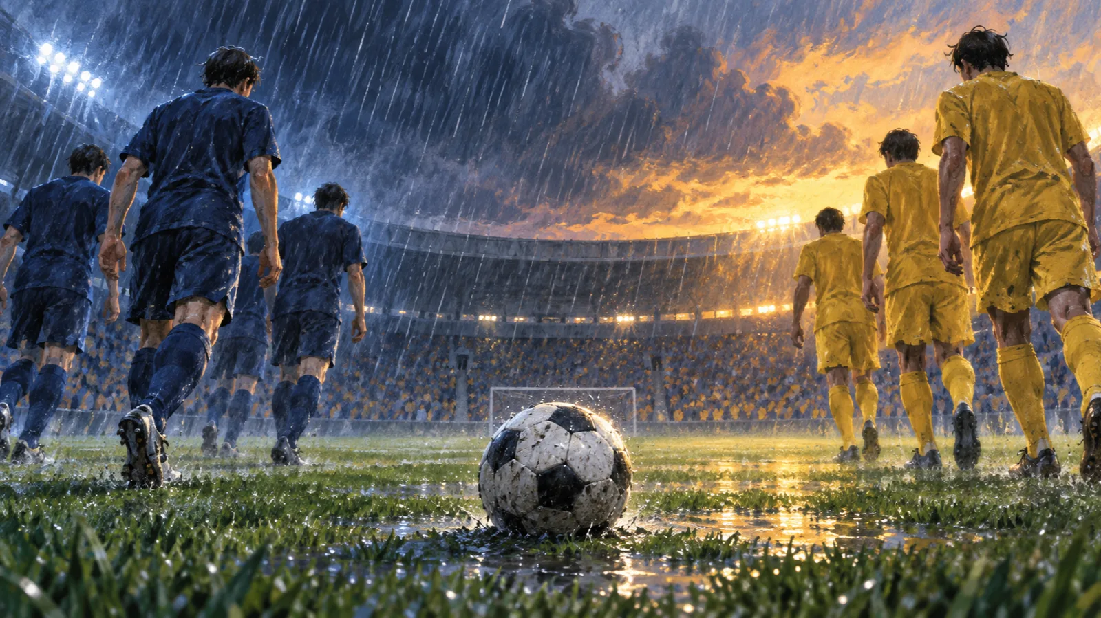 雨のスタジアムで、中央のボールを挟んだ紺色と黄色の選手たちがピッチへ向かうイラスト
