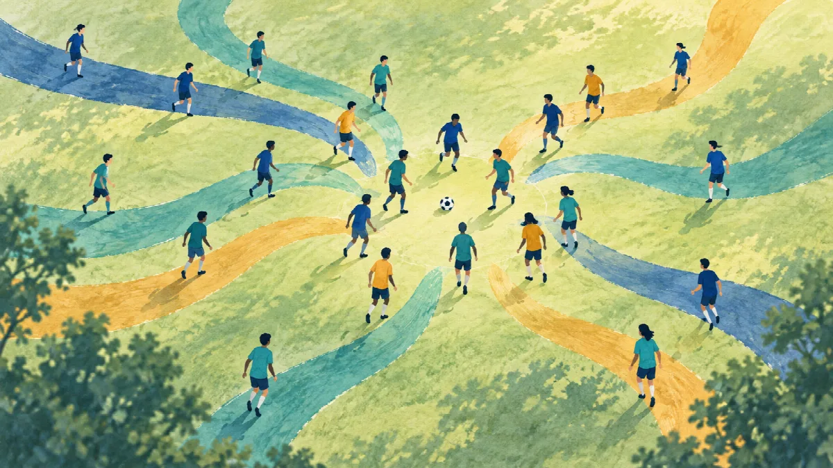 異なる色の道を歩いてきた選手たちが、中央のボールを囲む一つの輪へ集まる様子を描いたイラスト