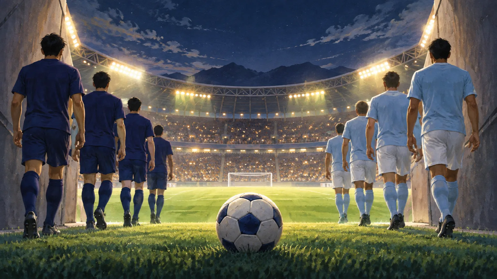 照明のともるスタジアムへ向かう紺色と水色の選手たちを背後から描き、中央手前にボールを置いたイラスト