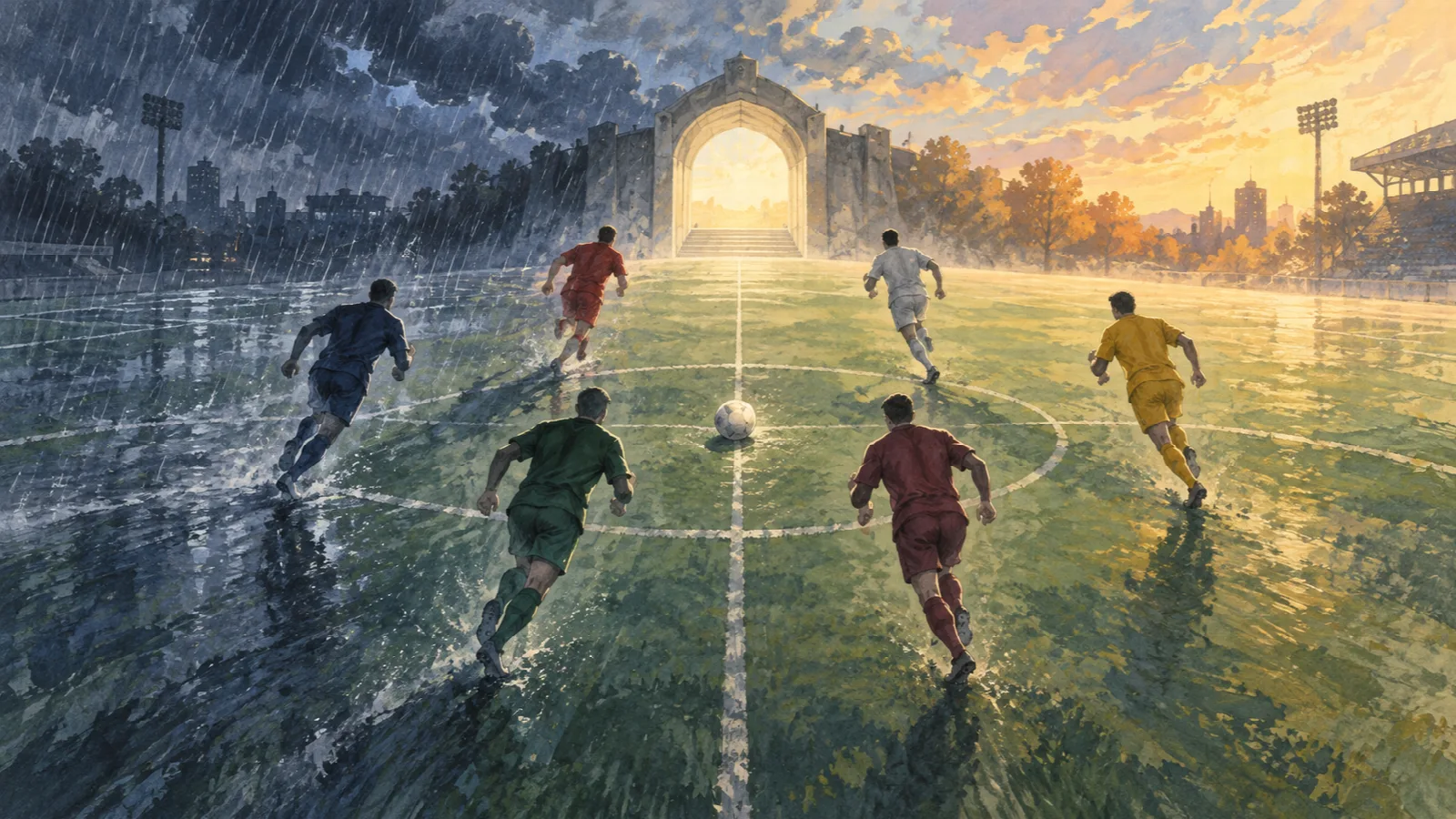 雨と夕日が分かれるピッチで、6人の選手が中央のボールと光る門に向かって走るイラスト
