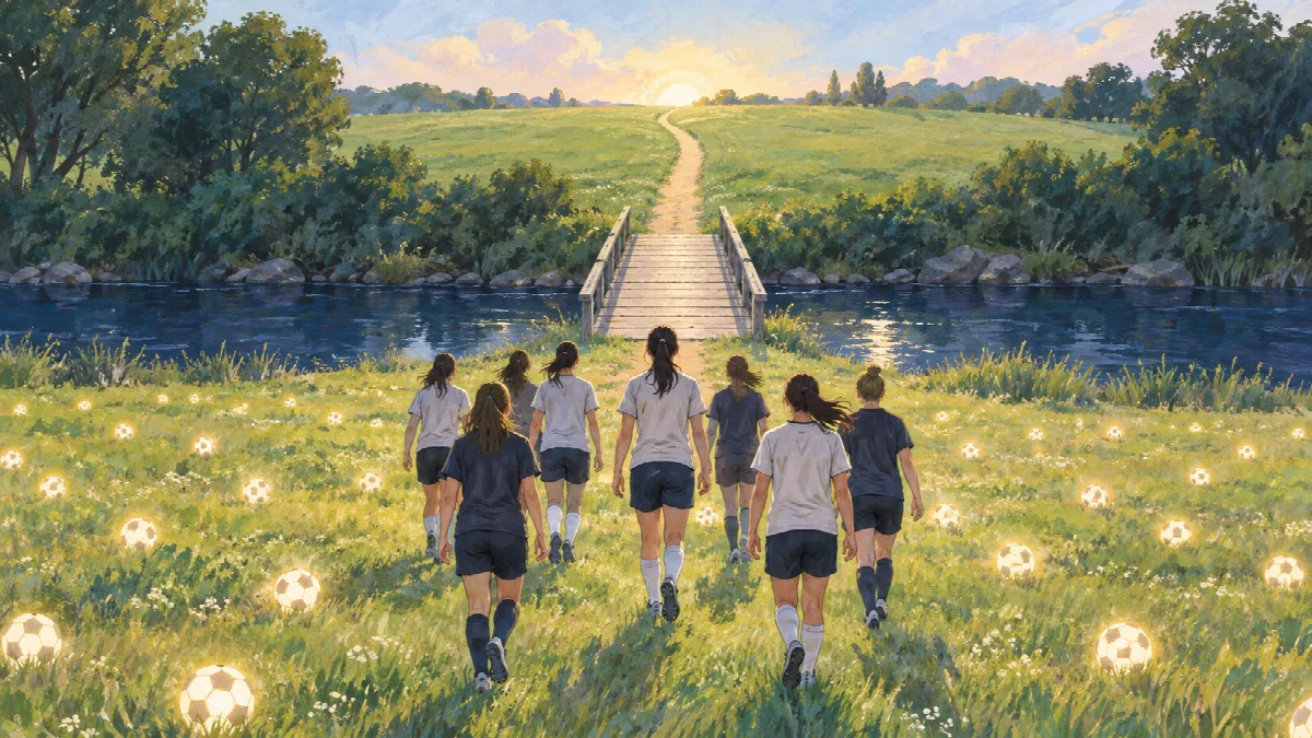 たくさんの光るボールが残る野原から、女子サッカー選手たちが一本の細い橋へ歩いていくイラスト