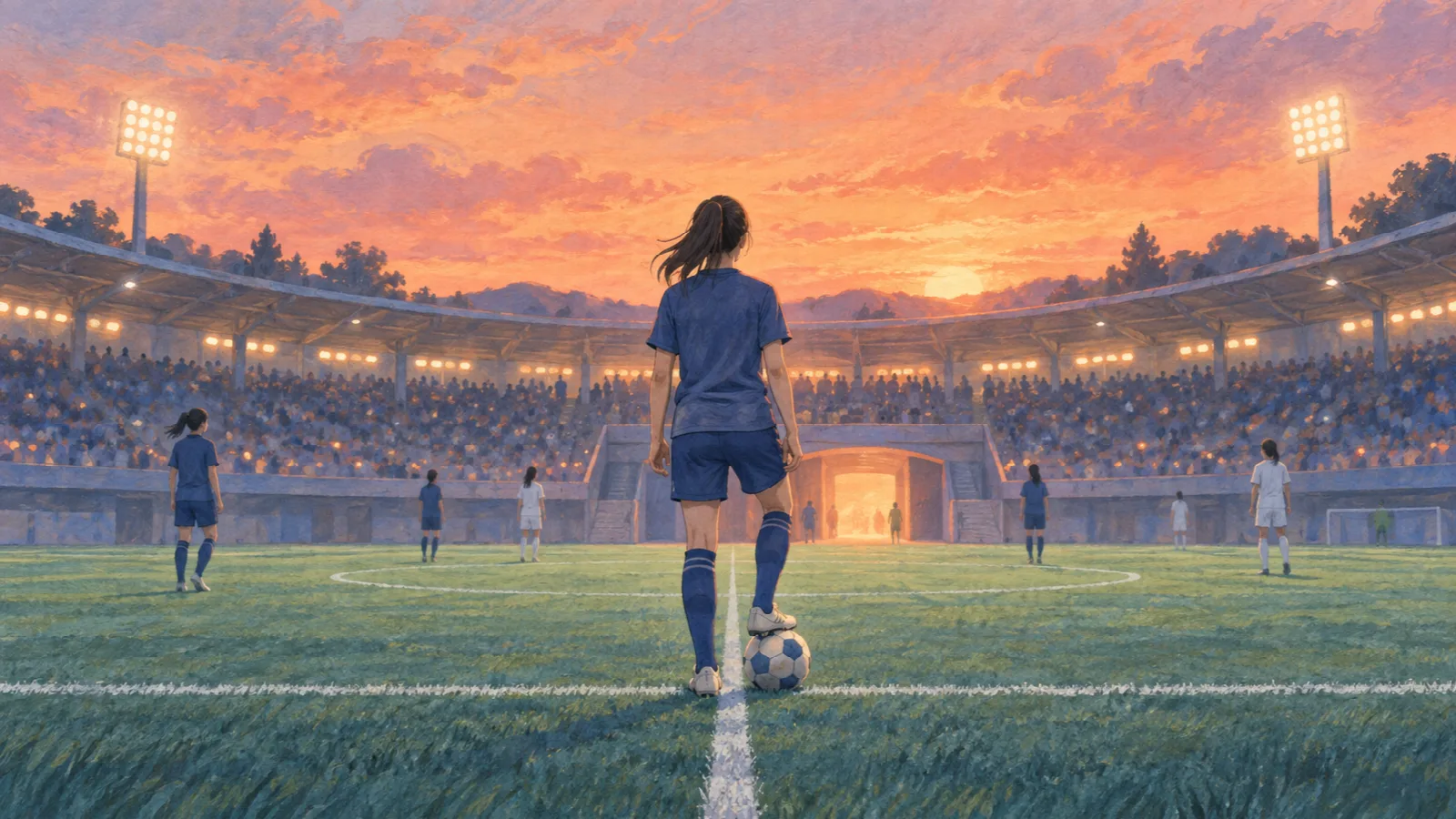 夕焼けのスタジアムでボールに足を添え、準々決勝のピッチを見つめる女子サッカー選手の後ろ姿を描いたイラスト