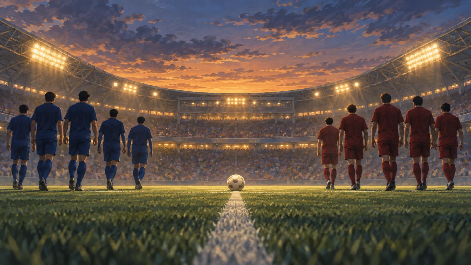 夕暮れのスタジアムで、中央のボールへ向かう青とえんじ色の選手たちを描いたイラスト
