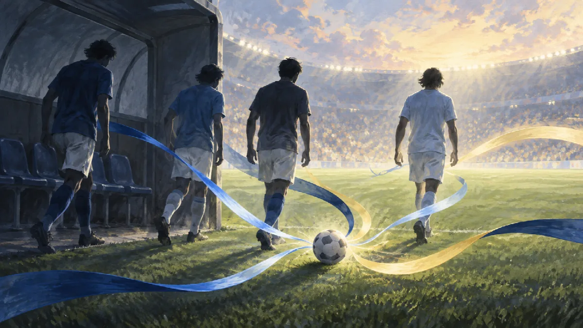 暗いベンチから光の差すピッチへ歩き出す4人の選手と、中央のボールへ集まる色の帯を描いたイラスト