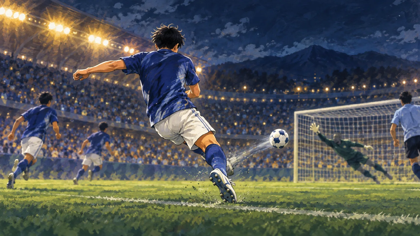 夜のスタジアムで、背中を向けた青いユニフォームの選手がゴールへ向けてシュートを放つイラスト