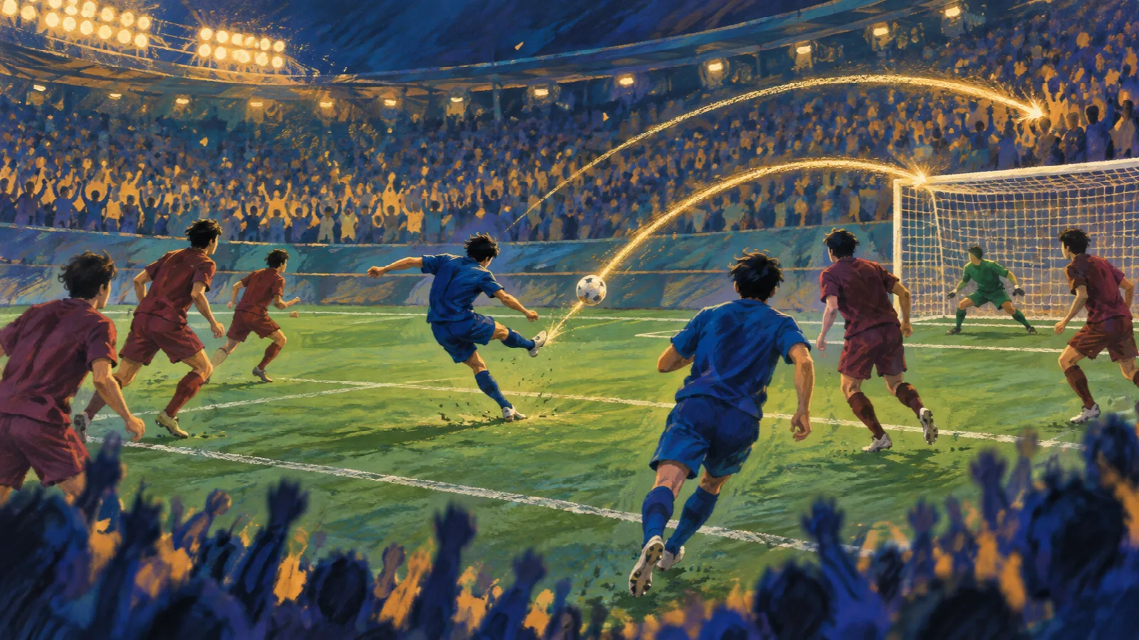 夜のスタジアムで、青いユニフォームの選手がゴールへシュートを放つイラスト
