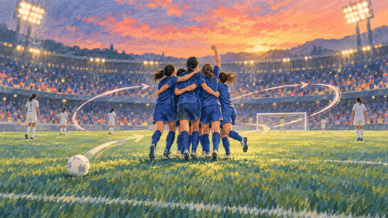 夕暮れのスタジアムで抱き合う青いユニフォームの女子選手たちを描いたイラスト