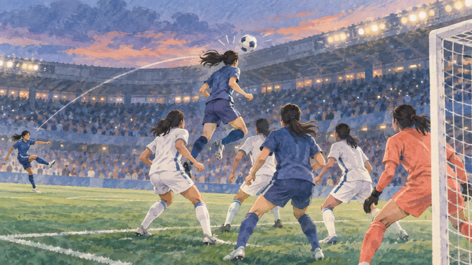 夕暮れのスタジアムで中央の選手が左からのクロスに頭で合わせるイラスト