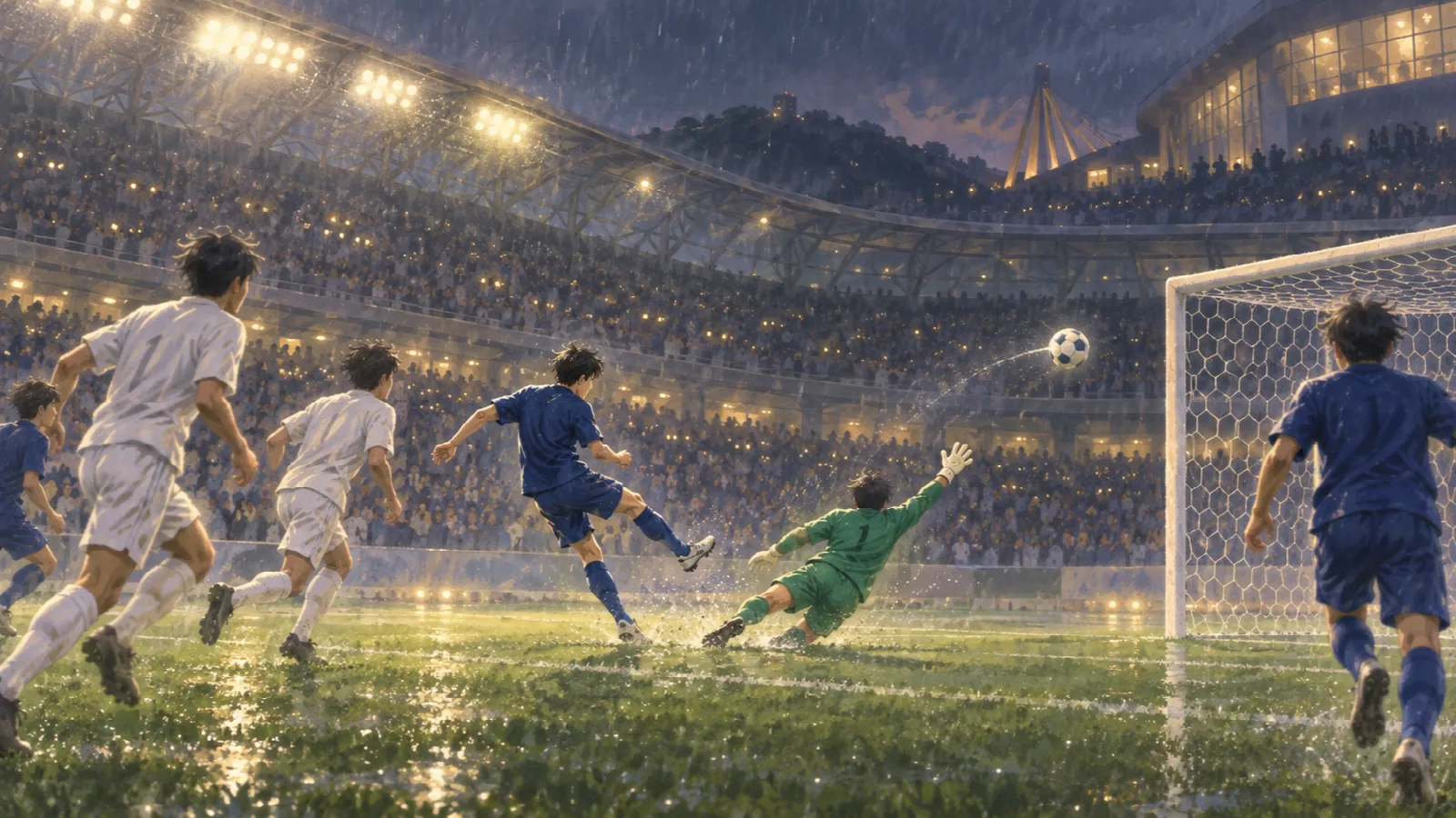 雨のスタジアムで浮き球のシュートが飛び出したGKの頭上を越えていく瞬間を描いたイラスト