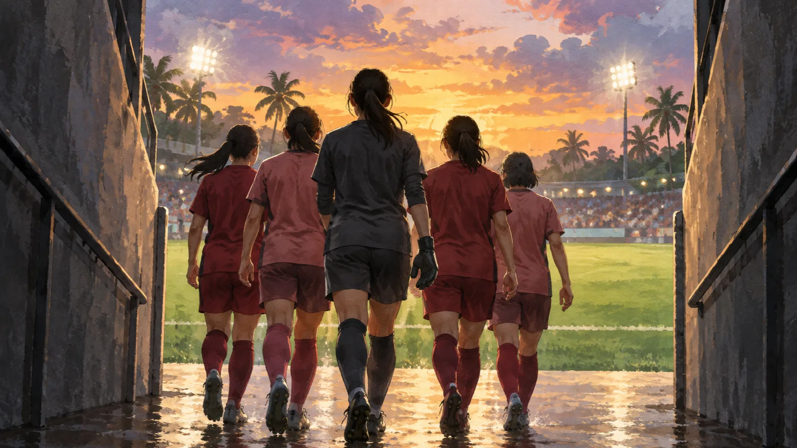 夕暮れの空の下、トンネルからピッチへ歩み出す女子サッカー選手たちの後ろ姿を描いたイラスト