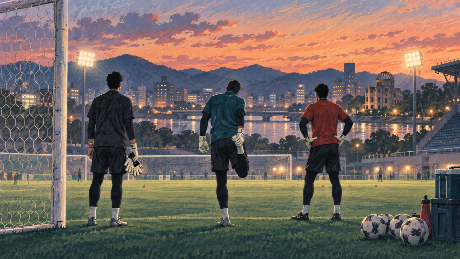 夕暮れの広島の街並みを背に、ゴール前に並んで準備する三人のゴールキーパーを描いたイラスト