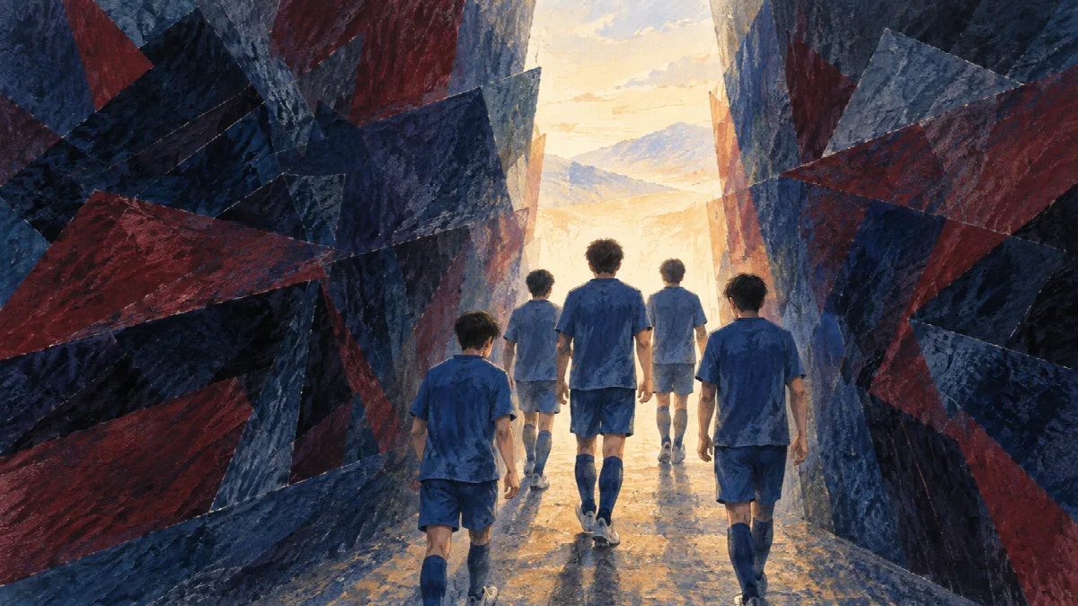 濃紺とえんじ色の壁の間に開いた光の道を、青い練習着の5人が歩いていくイラスト