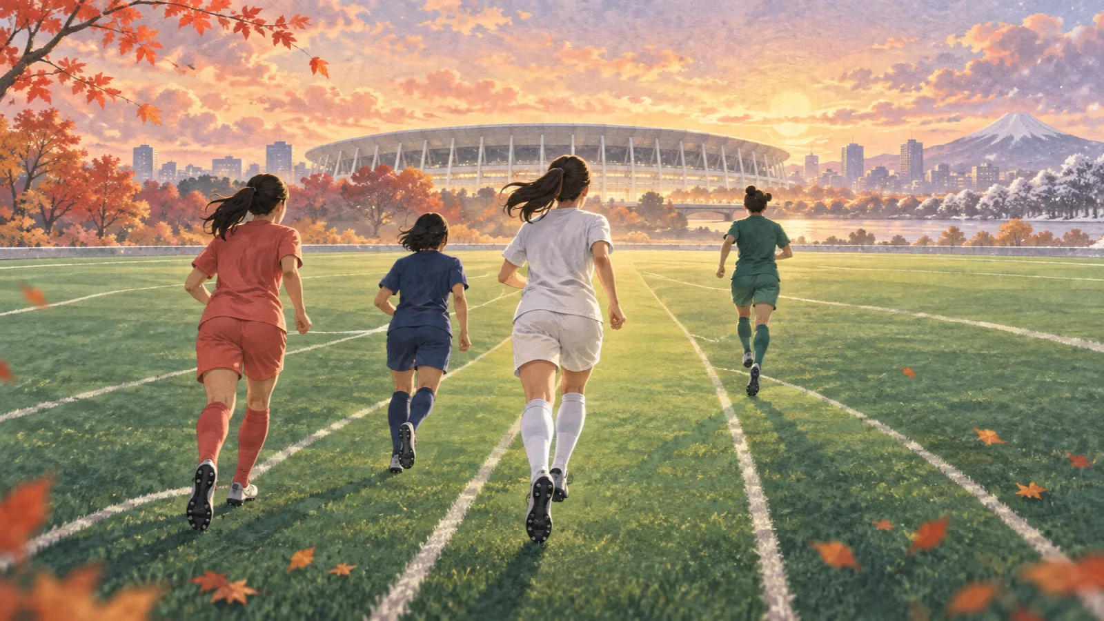秋から冬へ移る空の下、異なる位置から国立競技場を目指して走る4人の女子サッカー選手の後ろ姿を描いたイラスト