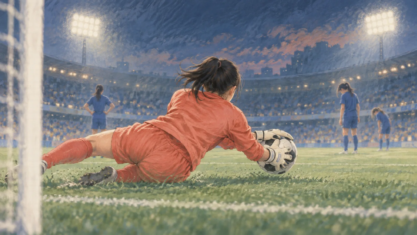 夕暮れのスタジアムで、赤いユニフォームの匿名のGKがPKを止め、遠くに青い選手たちが立つイラスト