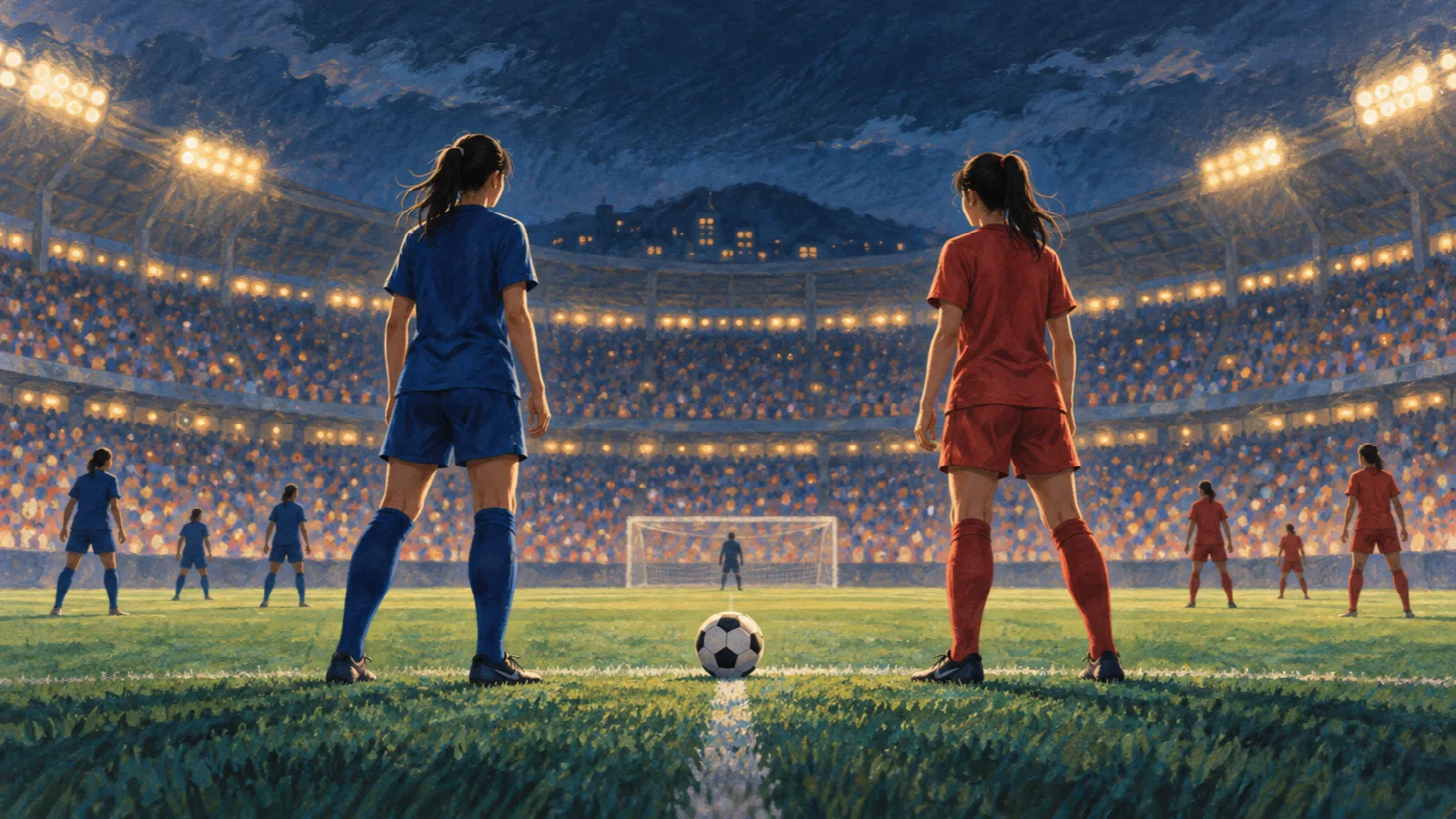 夜のスタジアムで、青と赤のユニフォームを着た二人の女子選手が中央のボールを挟んで向き合うイラスト
