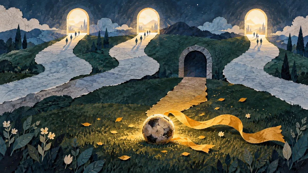 三つの明るい門へ続く道と、閉じた門の前に金色の布を残すサッカーボールのイラスト