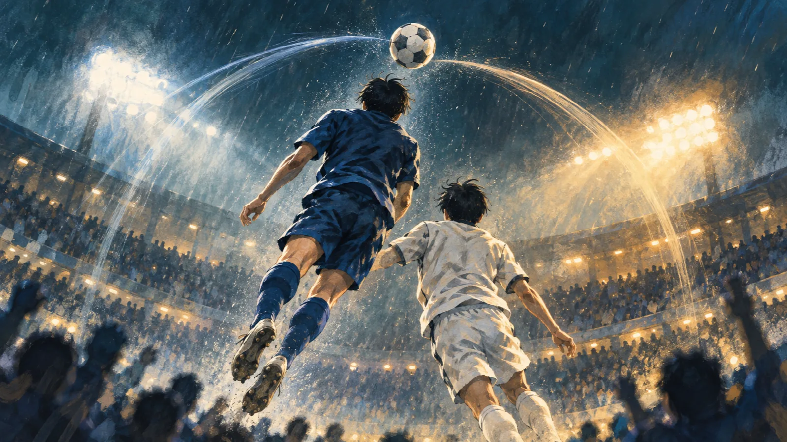 雨の夜のスタジアムで、背番号のない二人の選手が中央のボールを追うイラスト