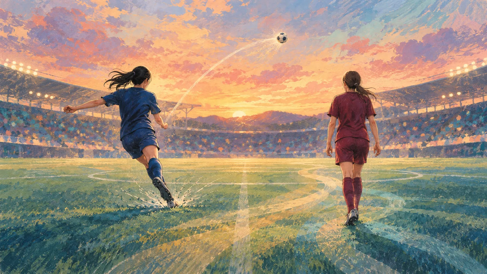 夕暮れのスタジアムで、遠くへボールを蹴る選手と光の道を歩く選手を後ろ姿で描いたイラスト