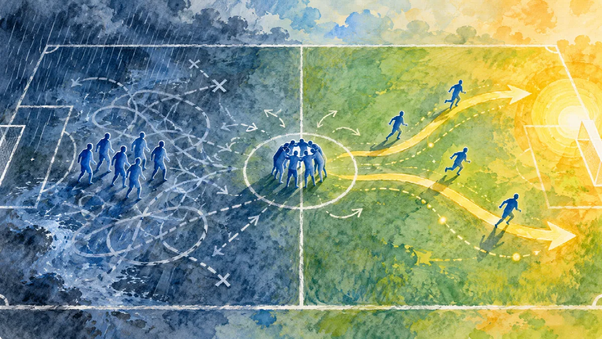 雨と絡み合う矢印に囲まれた選手たちが中央で輪を作り、明るく開けた複数の道へ進んでいく概念イラスト