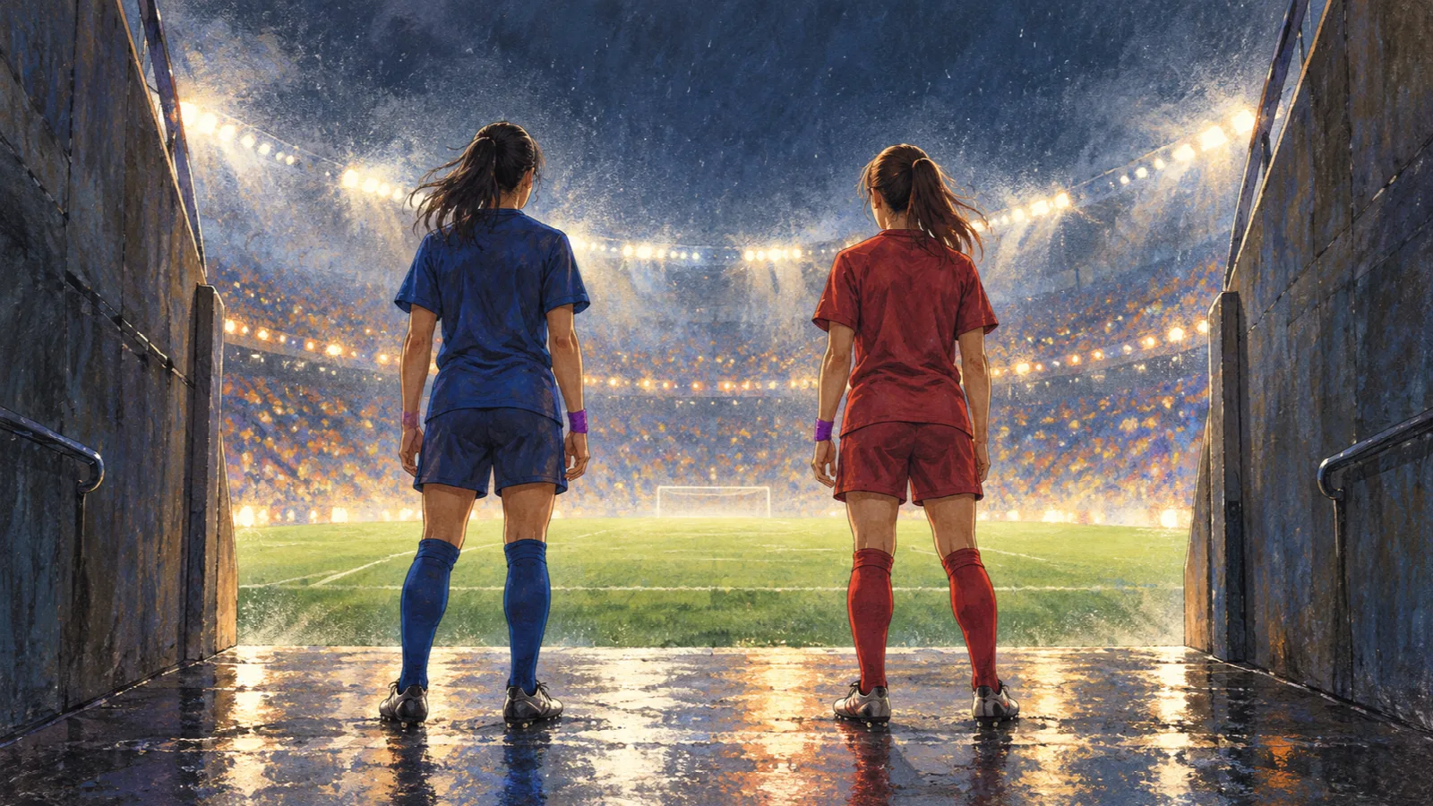 雨にぬれたスタジアムのトンネルで、青と赤の無地のユニフォームを着た二人の女子選手が後ろ姿でピッチを見つめるイラスト