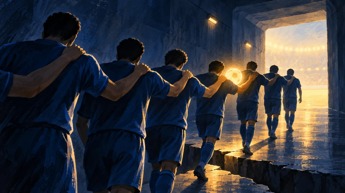 暗い通路で肩をつないだ青いユニフォームの選手たちが、光の差す出口へ進むイラスト
