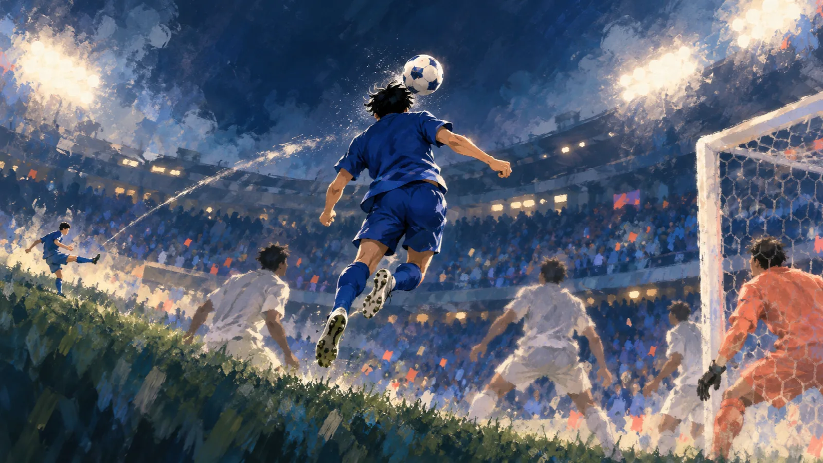 夜のスタジアムで、青いユニフォームの選手が左からのクロスに頭で合わせるイラスト