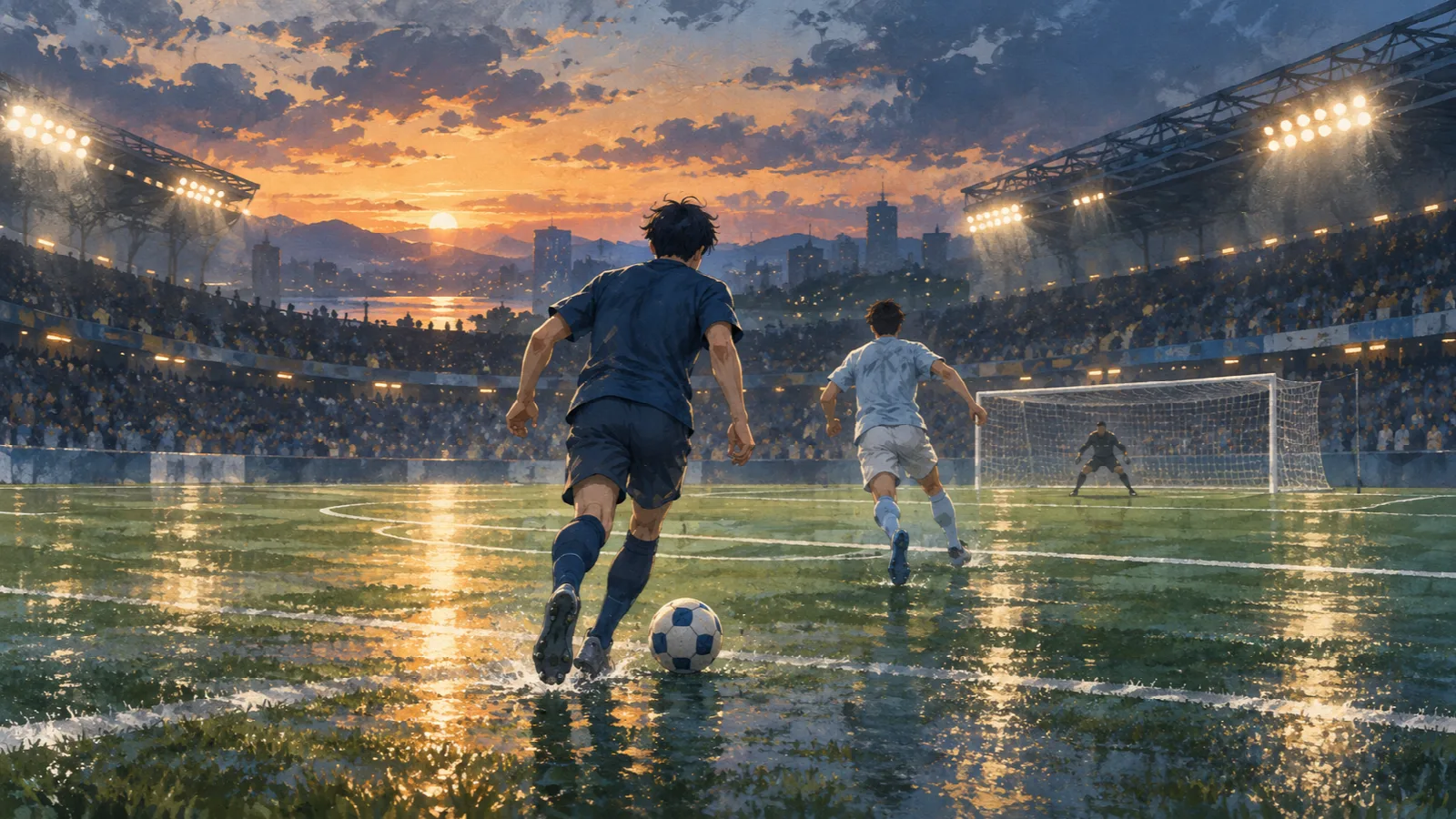 雨上がりの夕暮れのピッチで、顔の見えない二人の選手が一つの攻撃としてゴールへ向かうイラスト。