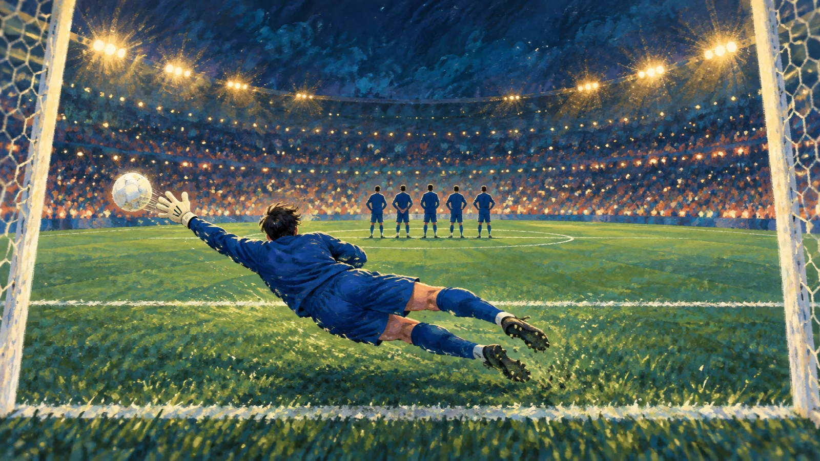 夜のスタジアムで、青いユニフォームの匿名のGKが左へ跳び、遠くに5人の選手が並ぶイラスト。