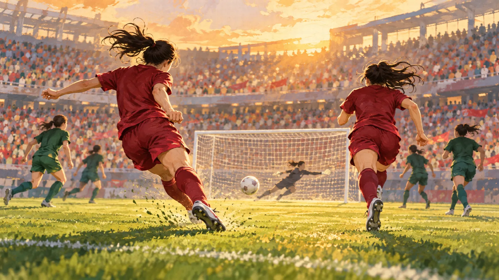 夕日の差すスタジアムで、無地の赤いユニフォーム姿の二人が中央のゴールへ向かうイラスト