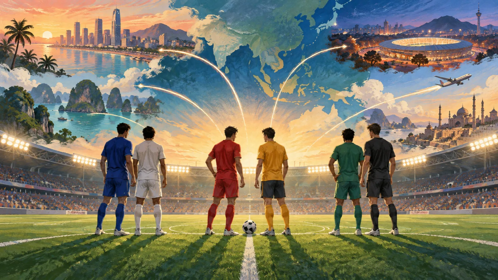 スタジアム中央に後ろ姿で並ぶ6人の選手と、アジア各地へ伸びる光の軌跡を描いたイラスト