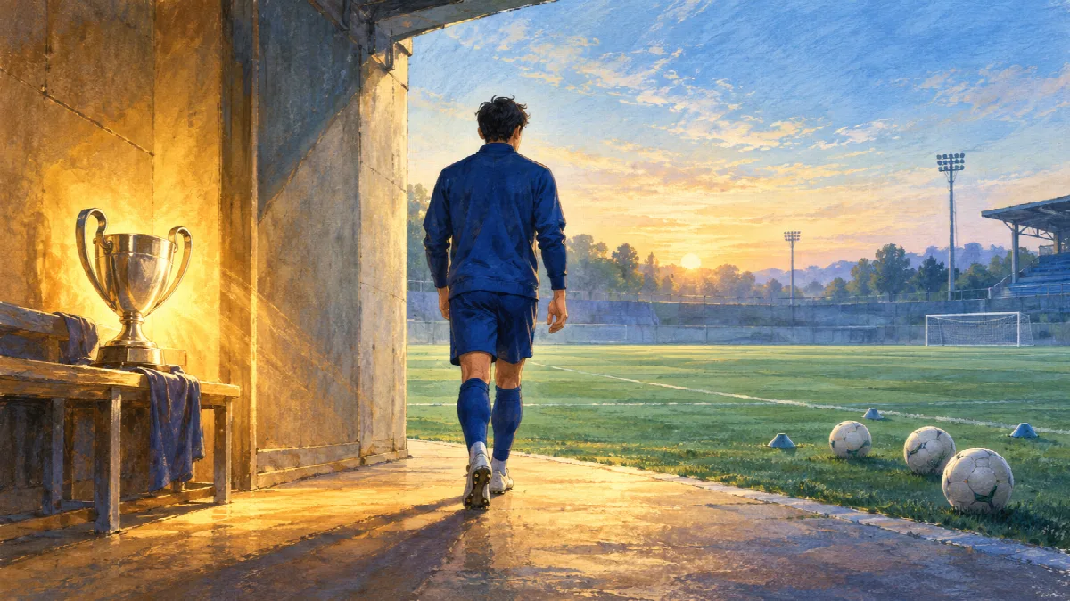 カップの輝きを背に、青い練習着の選手が朝のピッチとボールへ歩き出すイラスト