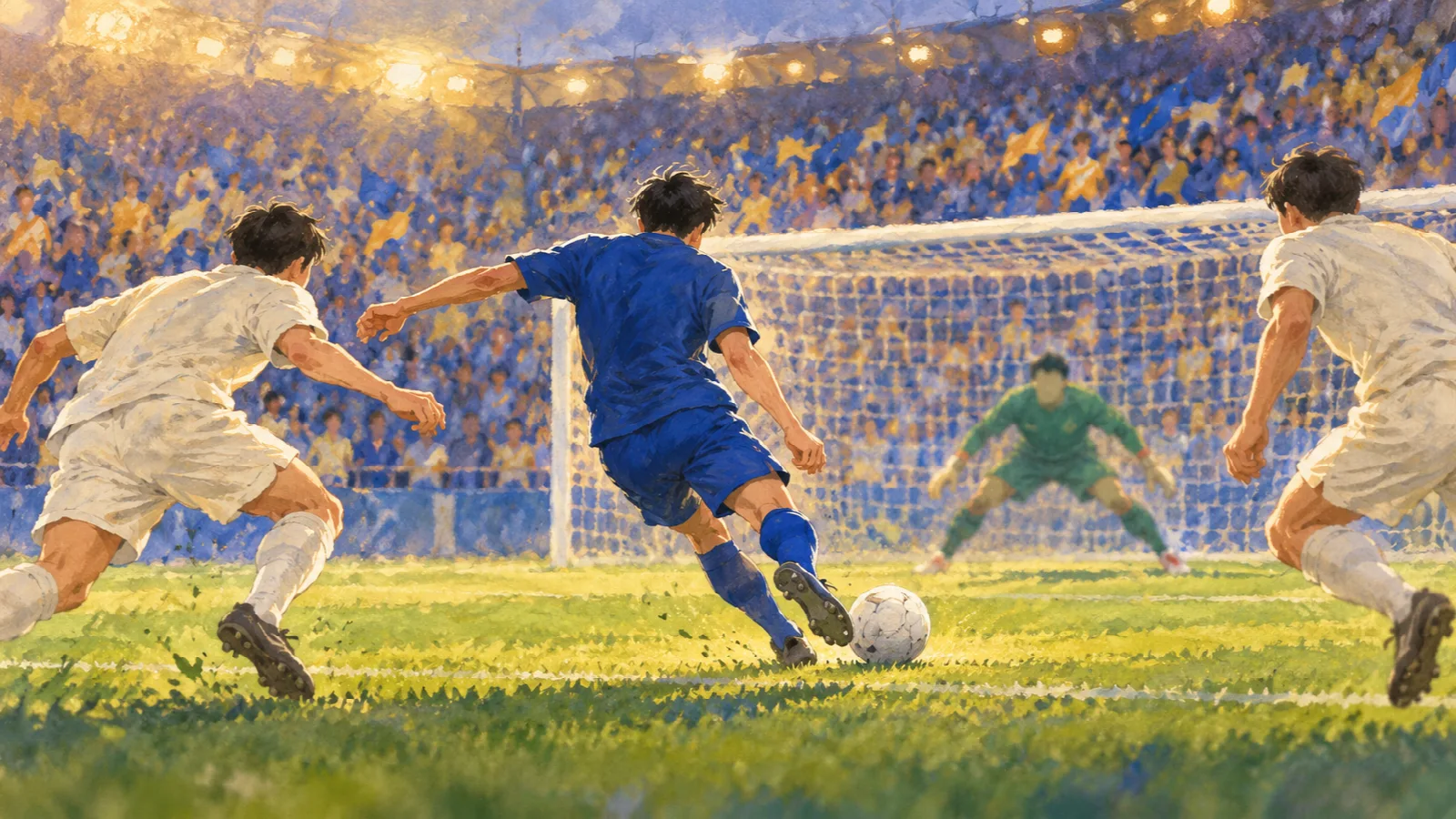 満員のスタジアムで、青いユニフォームの選手がゴール前のボールへ左足を振るうイラスト