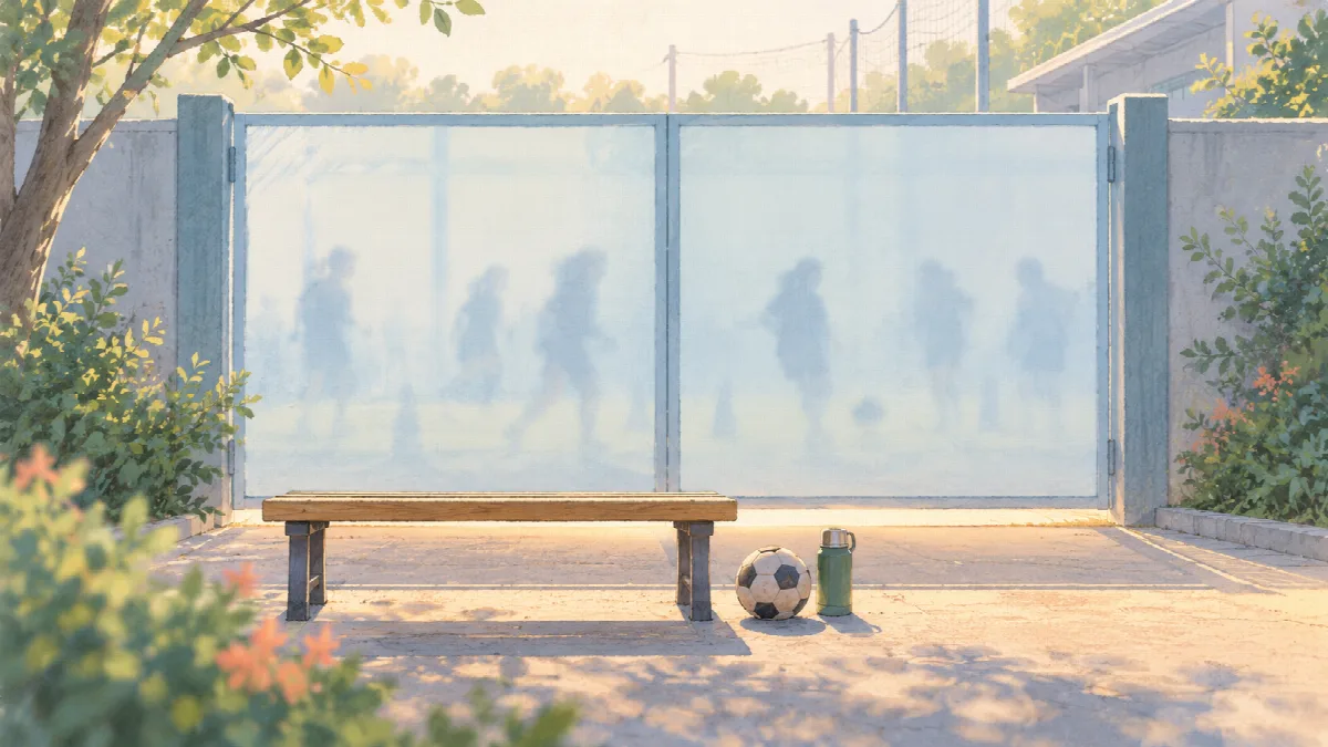 選手たちのぼんやりした影が見える閉じた門と、手前の空のベンチ、サッカーボール、水筒を描いたイラスト