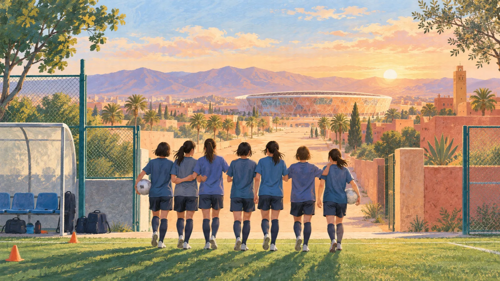 夕日に染まるモロッコの街とスタジアムを望み、肩を寄せて歩き出す女子サッカー選手たちの後ろ姿を描いたイラスト